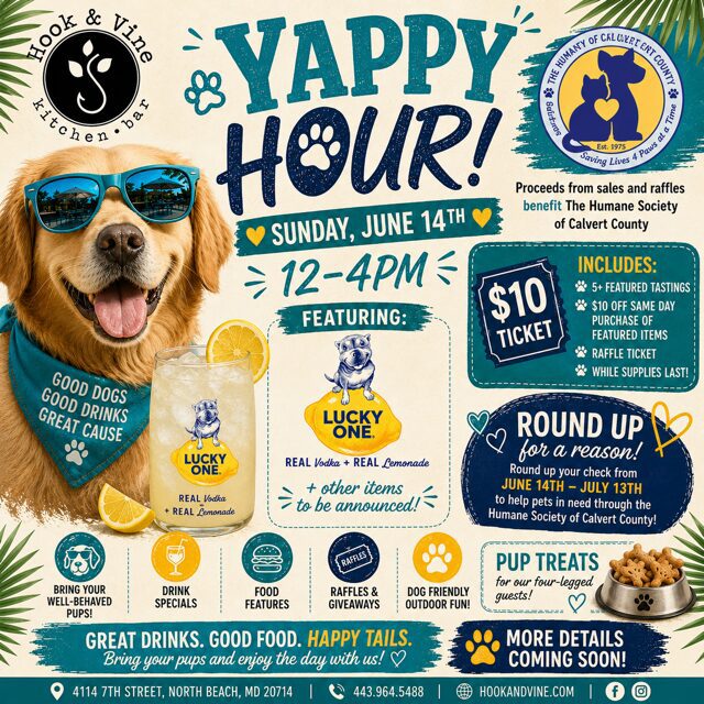 Smiling dog in sunglasses with event poster